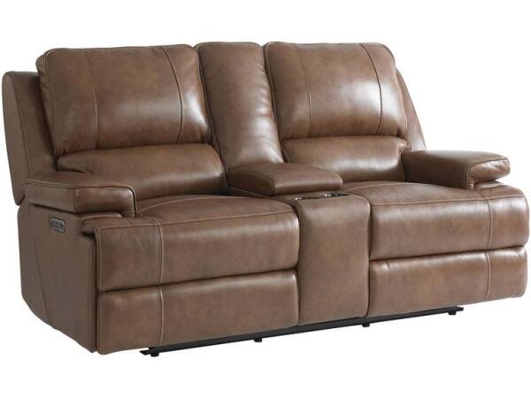 Parker Club Level Loveseat w/Power & Console Brown Loveseats Bassett Furniture