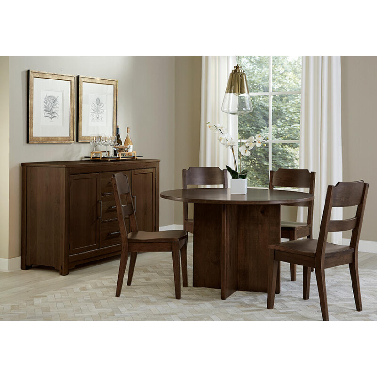 009e7a064ef8837d8207e5247263877f Crafted Cherry Dining by Ben & Erin Napier 60 inch ROUND TABLE w/ Wood Base - Image 1