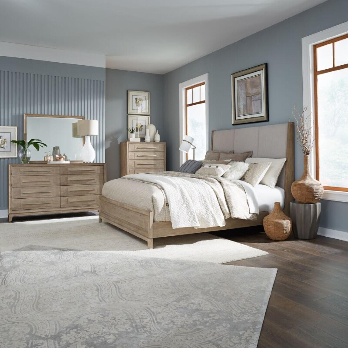 06106302b8606b997f10325f809a60b2 Brentwood Queen Uph Bed, Dresser & Mirror, Chest - Image 1