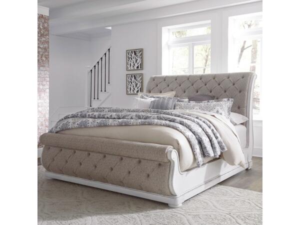Magnolia Manor King Uph Sleigh Bed Beds Antique White & Weathered Bark