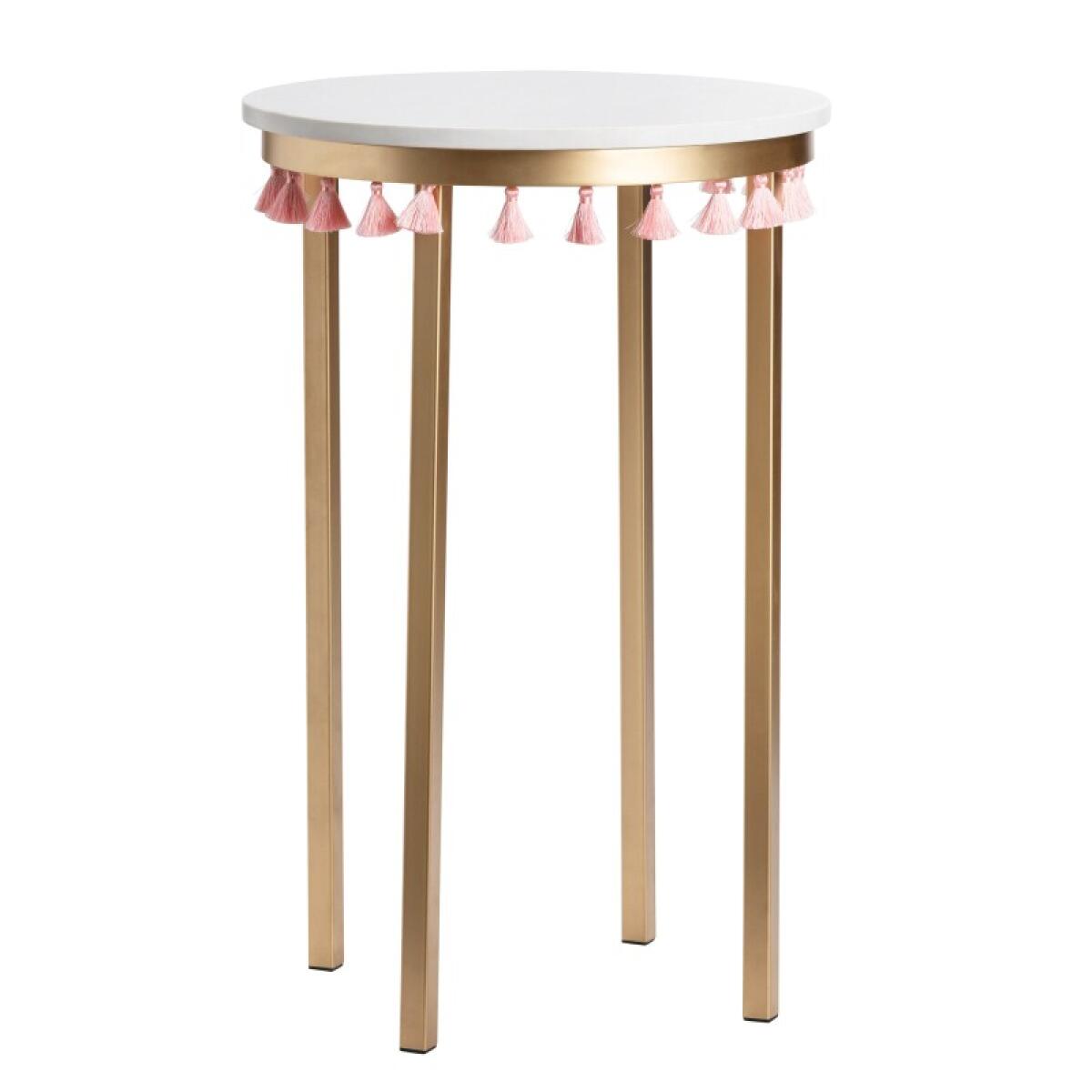 0aeae0963f2e3aa379dc7f1225ca29d0 Saffron Round Marble Accent Table w/ Pink Tassels - Image 1