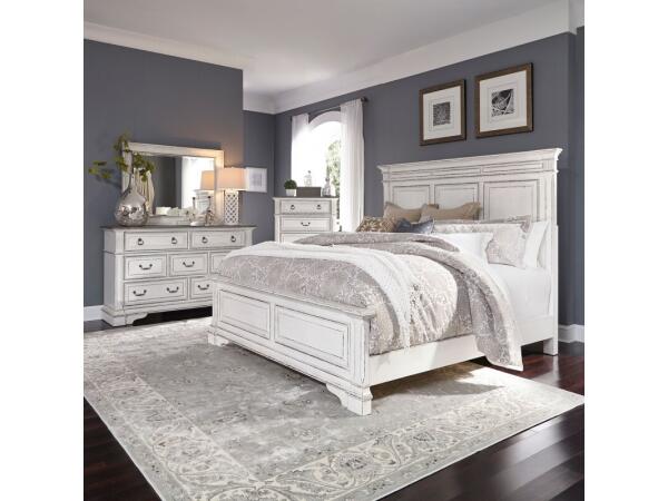 Abbey Park Queen Panel Bed, Dresser & Mirror, Chest Bedroom Sets Antique White & Weathered Brown