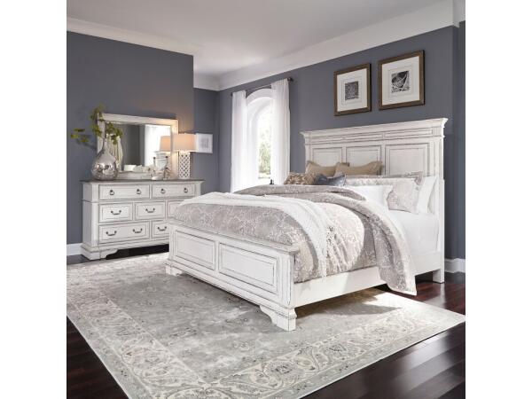 Abbey Park King California Panel Bed, Dresser & Mirror Bedroom Sets Antique White & Weathered Brown