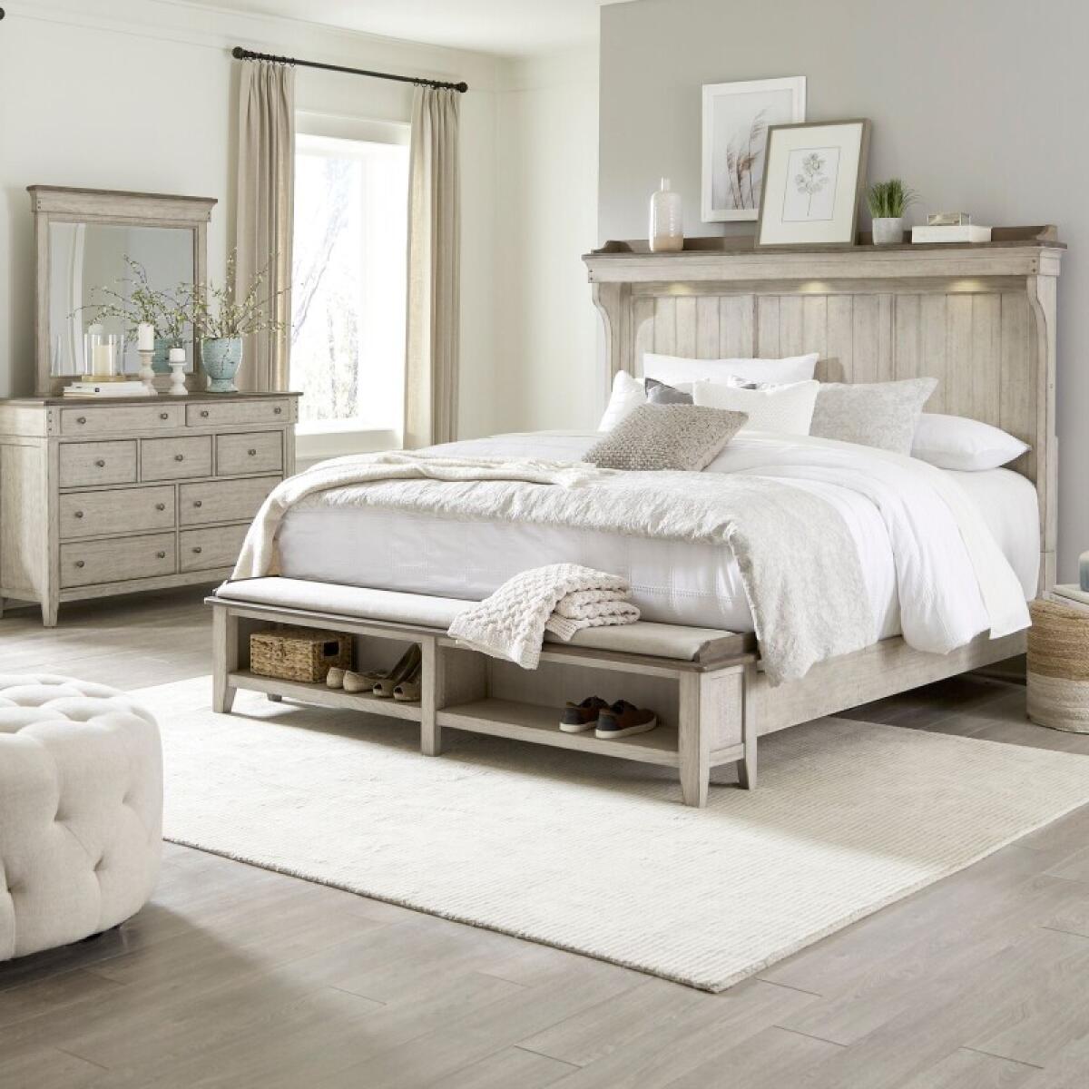 127b0cd26be9e84e40e0d550ff57af5a King Mantle Storage Bed, Dresser & Mirror - Image 1