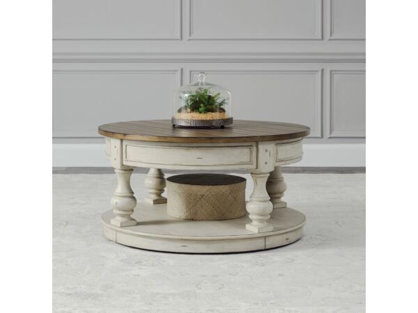 Morgan Creek Round Cocktail Table Cocktail & Coffee Tables Antique White w/ Wirebrushed Tobacco Accents