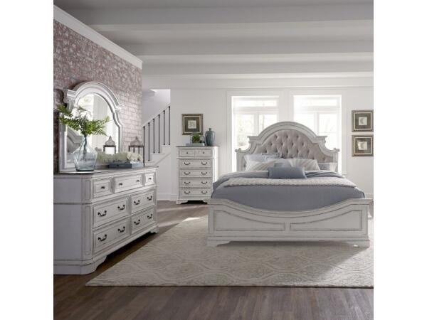 Magnolia Manor Queen Uph Bed, Dresser & Mirror, Chest Bedroom Sets Antique White & Weathered Bark
