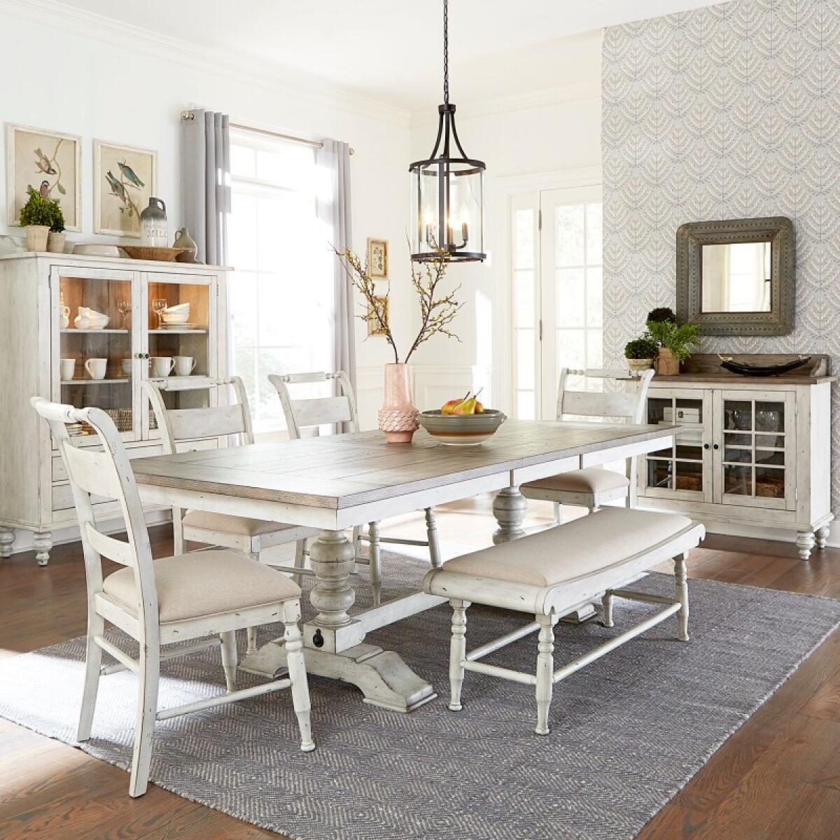 Whitney 6 Piece Trestle Table Set Dining Sets Antique Linen w/ Weathered Gray 2 Whitney 6 Piece Trestle Table Set Dining Sets Antique Linen w/ Weathered Gray 2