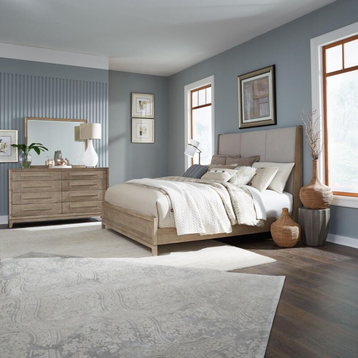 248281fa7d64489a4e4564357b5d3f4e King California Uph Bed, Dresser & Mirror - Image 1