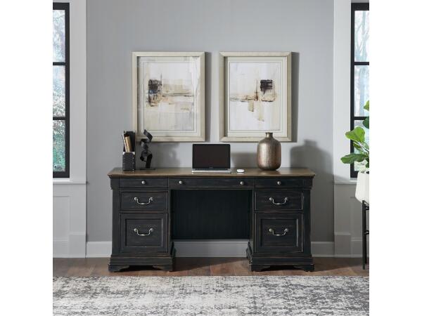 Meritage Jr Executive Credenza Top Office Storage Aged Charcoal w/ Rub Thru & Caramel