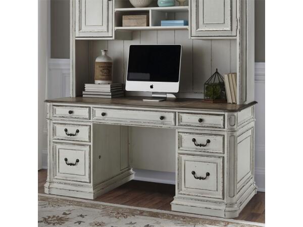 Magnolia Manor Jr Executive Credenza Base Office Storage Antique White & Weathered Bark