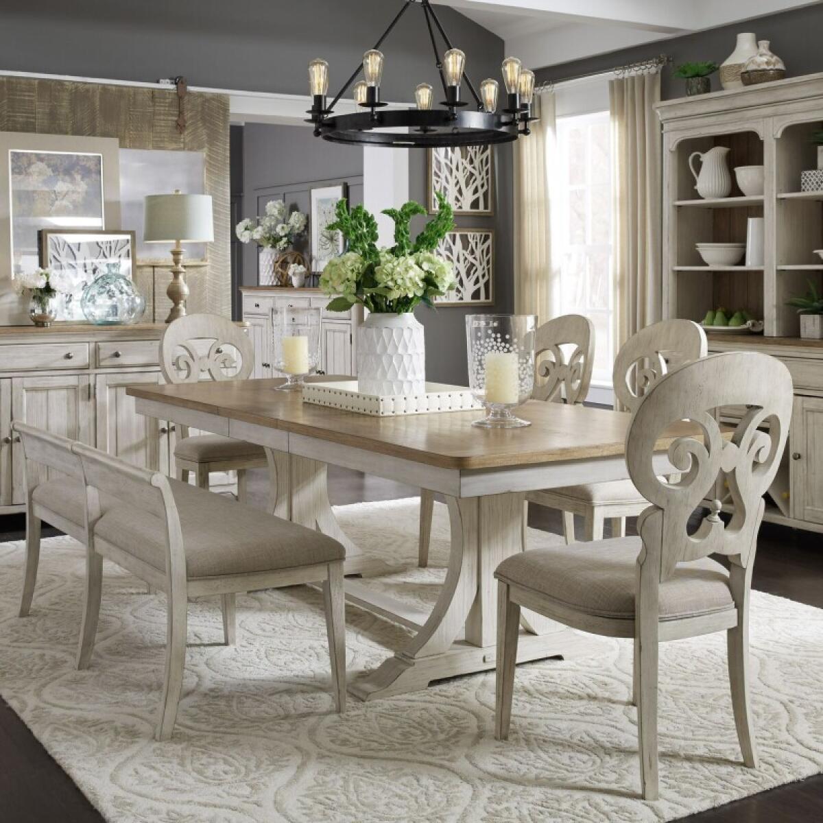 2f01cb2d13e4f6503e350eea19907997 Farmhouse Reimagined 6 Piece Trestle Table Set - Image 1