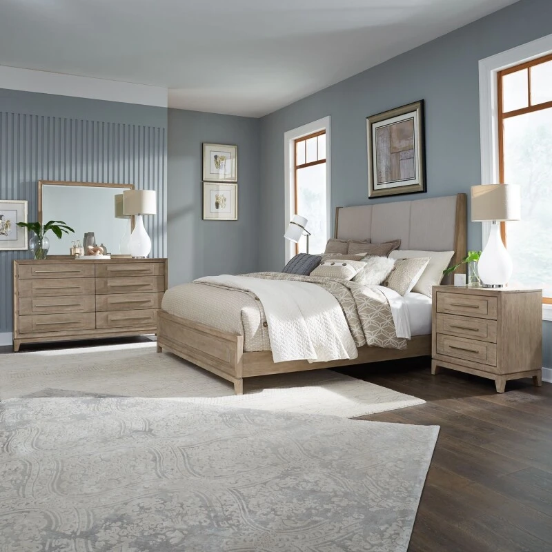 3211876cb34467cd7b405f8924ae4c8c Brentwood King California Uph Bed, Dresser & Mirror, Night Stand - Image 1