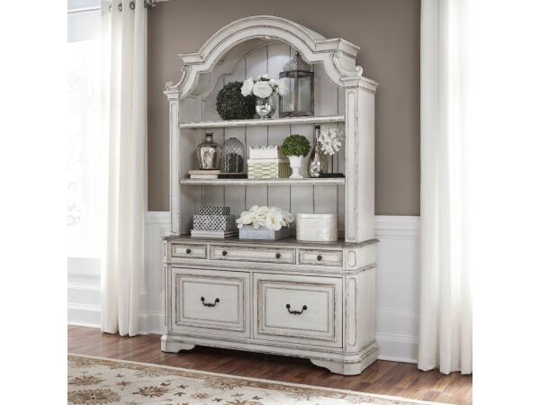 Magnolia Manor Opt Credenza & Hutch Office Storage Antique White & Weathered Bark