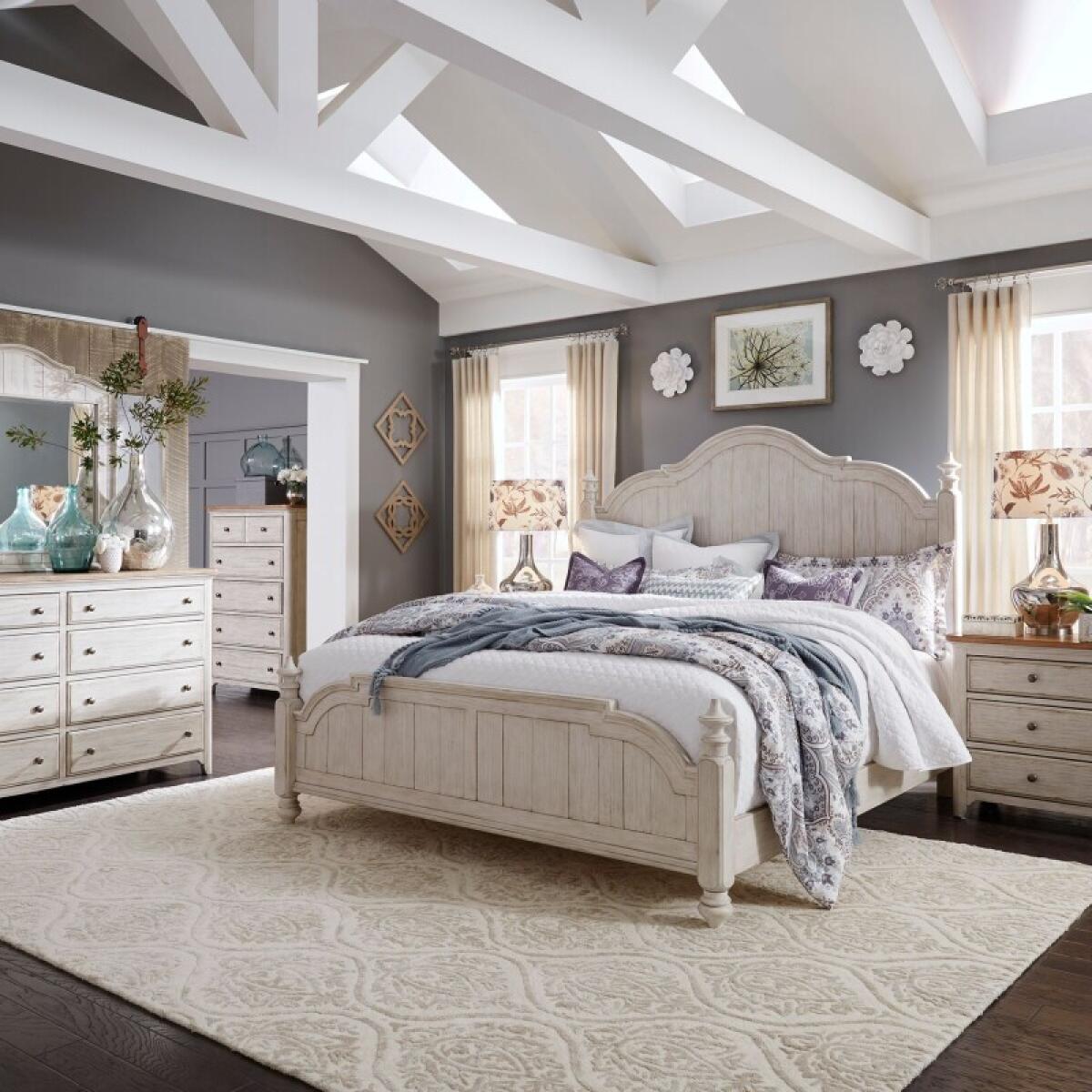 41fafe358ddf7565d45c062e1fece225 Farmhouse Reimagined Queen Poster Bed, Dresser & Mirror, Chest, Night Stand - Image 1