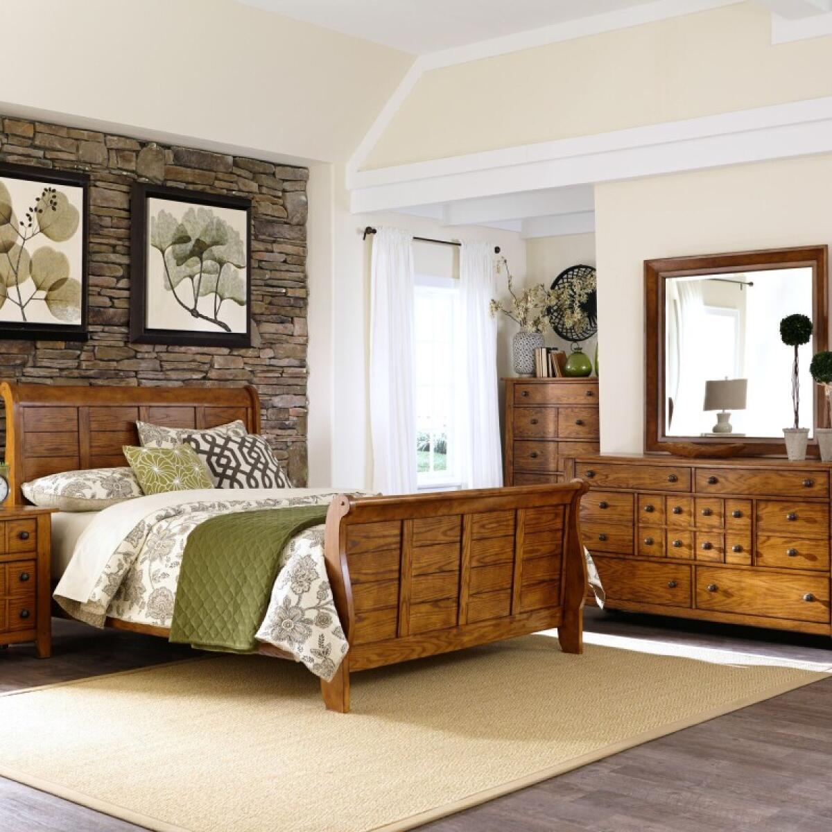 Grandpas Cabin King California Sleigh Bed, Dresser & Mirror, Night Stand Bedroom Sets Aged Oak 2 Grandpas Cabin King California Sleigh Bed, Dresser & Mirror, Night Stand Bedroom Sets Aged Oak 2
