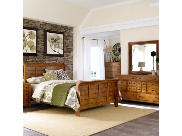 Grandpas Cabin King California Sleigh Bed, Dresser & Mirror, Night Stand Bedroom Sets Aged Oak