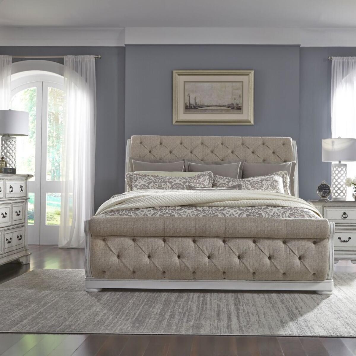 4d6d88343ba2dc27b036f29f4c4fa09e Abbey Park Queen Uph Sleigh Bed, Dresser & Mirror, Night Stand - Image 1