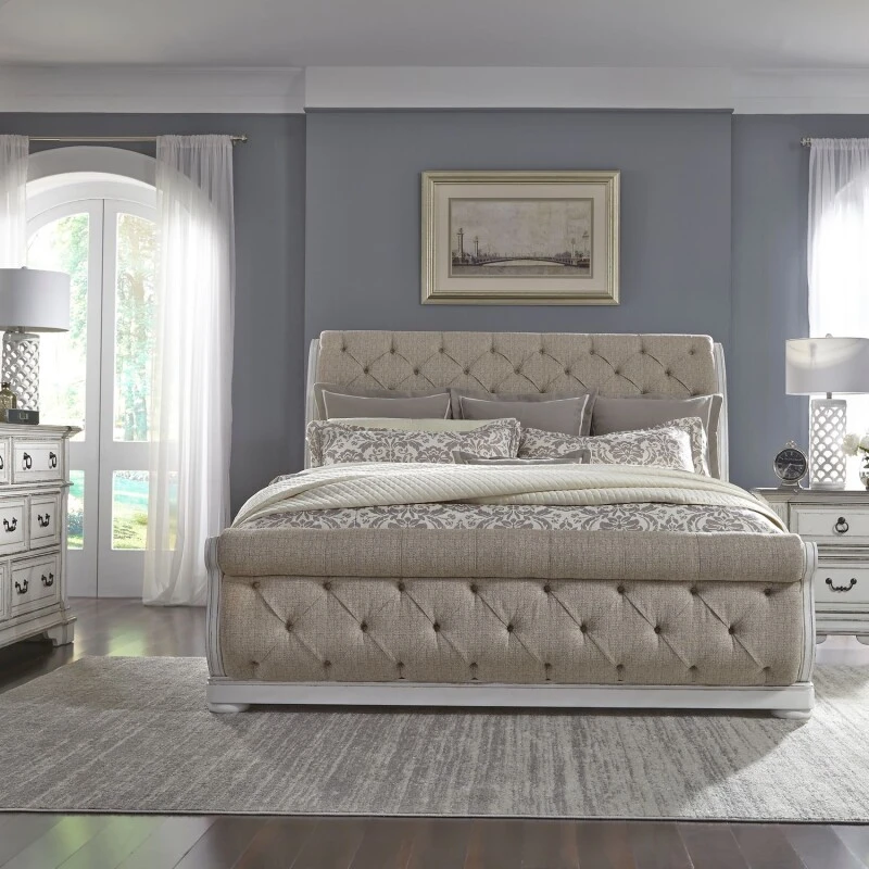 4d6d88343ba2dc27b036f29f4c4fa09e Abbey Park Queen Uph Sleigh Bed, Dresser & Mirror, Night Stand - Image 1