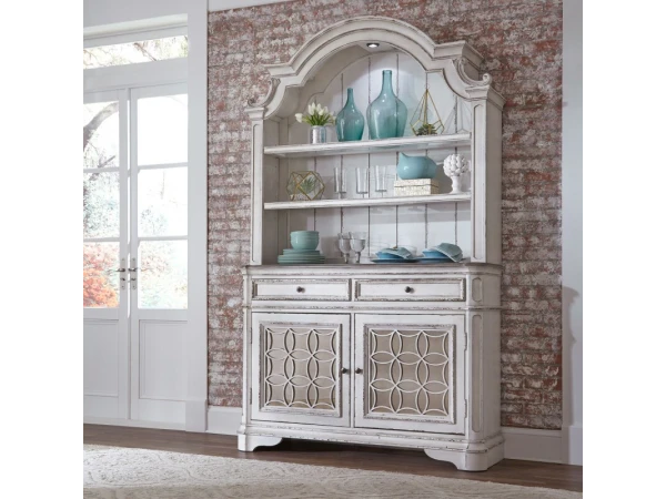 Magnolia Manor Hutch & Buffet Dining Storage Antique White & Weathered Bark