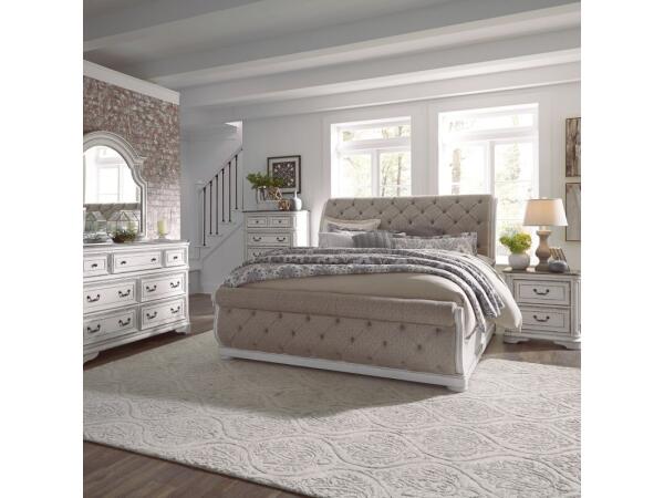 Magnolia Manor King Uph Sleigh Bed, Dresser & Mirror, Chest, Night Stand Bedroom Sets Antique White & Weathered Bark