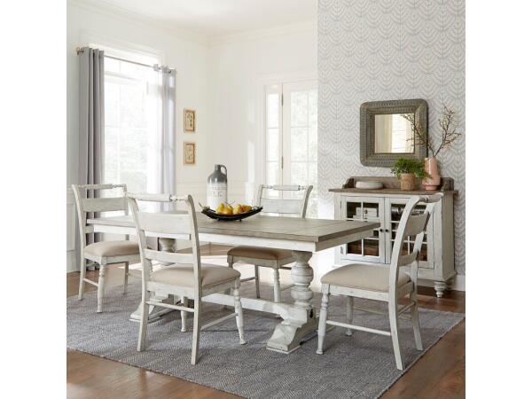 Whitney 5 Piece Trestle Table Set Dining Sets Antique Linen w/ Weathered Gray