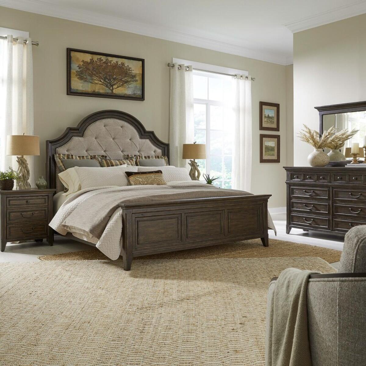 55a55afb6302ab037852d2dc45cb4426 King California Uph Bed, Dresser & Mirror, Night Stand - Image 1