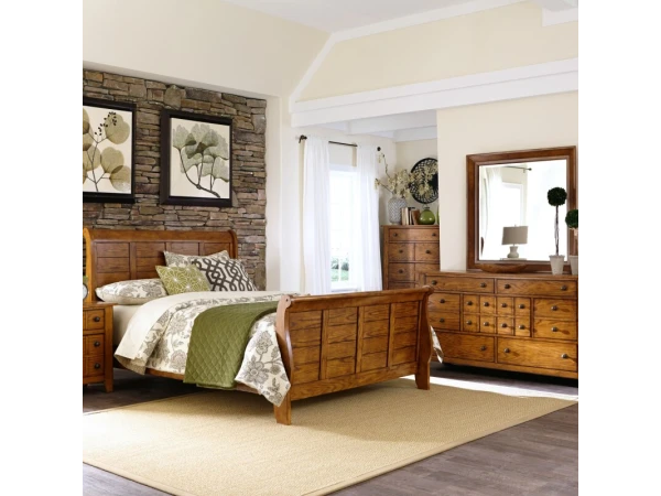 Grandpas Cabin King Sleigh Bed, Dresser & Mirror, Night Stand Bedroom Sets Aged Oak