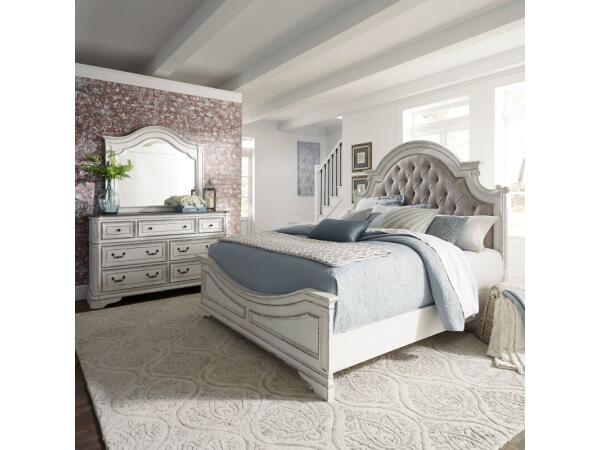 Magnolia Manor Queen Uph Bed, Dresser & Mirror Bedroom Sets Antique White & Weathered Bark