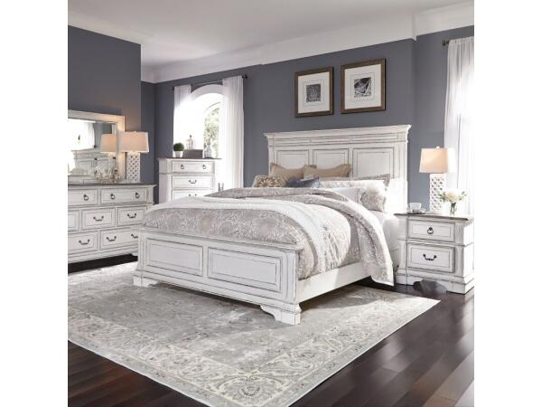 Abbey Park King Panel Bed, Dresser & Mirror, Chest, Night Stand Bedroom Sets Antique White & Weathered Brown