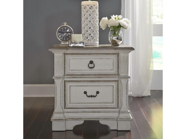 Abbey Park 2 Drawer Night Stand w/ Charging Station Nightstands Antique White & Weathered Brown