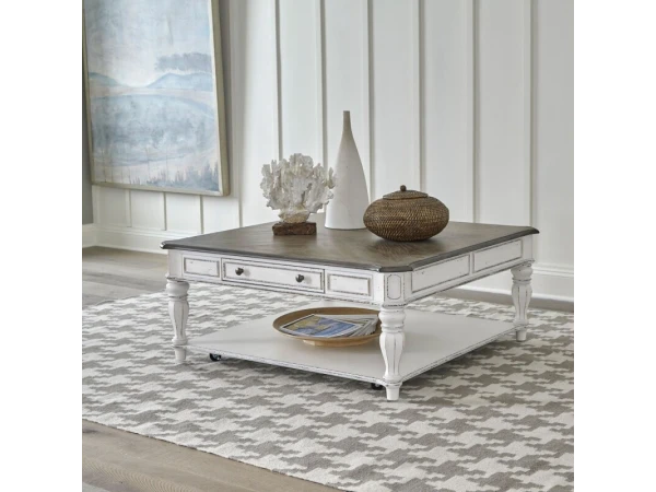 Magnolia Manor Oversized Square Cocktail Table Cocktail & Coffee Tables Antique White & Weathered Bark