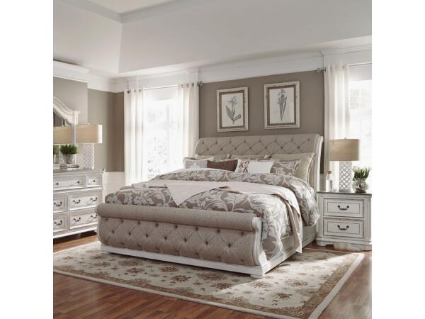 Magnolia Manor King Uph Sleigh Bed, Dresser & Mirror, Night Stand Bedroom Sets Antique White & Weathered Bark