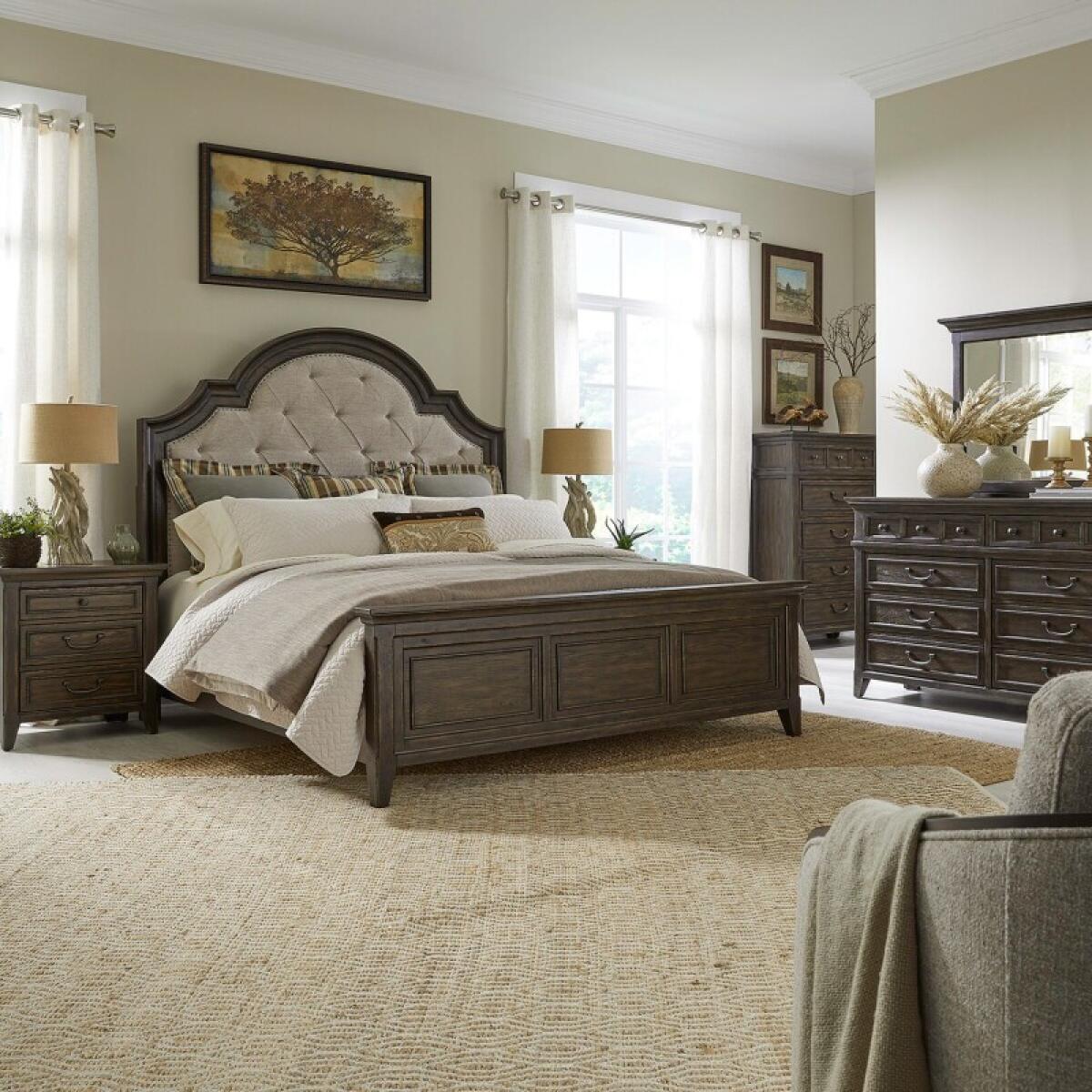 70f4b1e86856f90b37ad40248a089f40 Paradise Valley King Uph Bed, Dresser & Mirror, Chest, Night Stand - Image 1