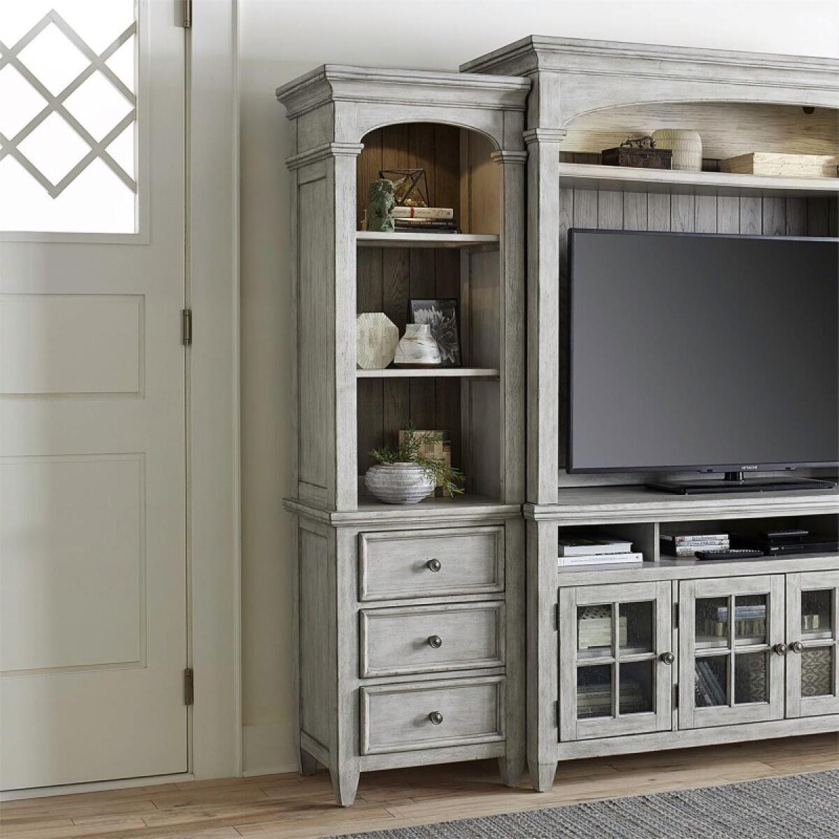 Heartland Left Pier Entertainment Stands Antique White w/ Tobacco Tops 2 Heartland Left Pier Entertainment Stands Antique White w/ Tobacco Tops 2