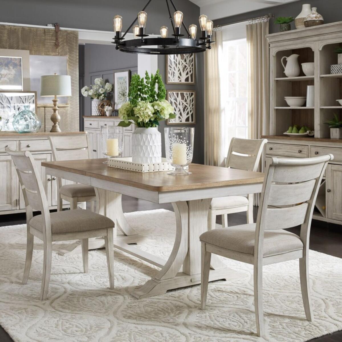 71b4738239fe36b0c7460df4b29022f4 Farmhouse Reimagined Opt 5 Piece Trestle Table Set - Image 1