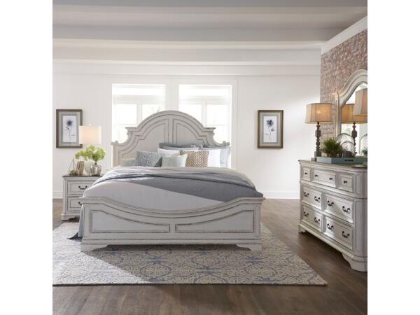 Magnolia Manor King California Panel Bed, Dresser & Mirror, Night Stand Bedroom Sets Antique White & Weathered Bark