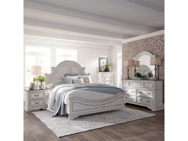 Magnolia Manor King California Panel Bed, Dresser & Mirror, Chest, Night Stand Bedroom Sets Antique White & Weathered Bark
