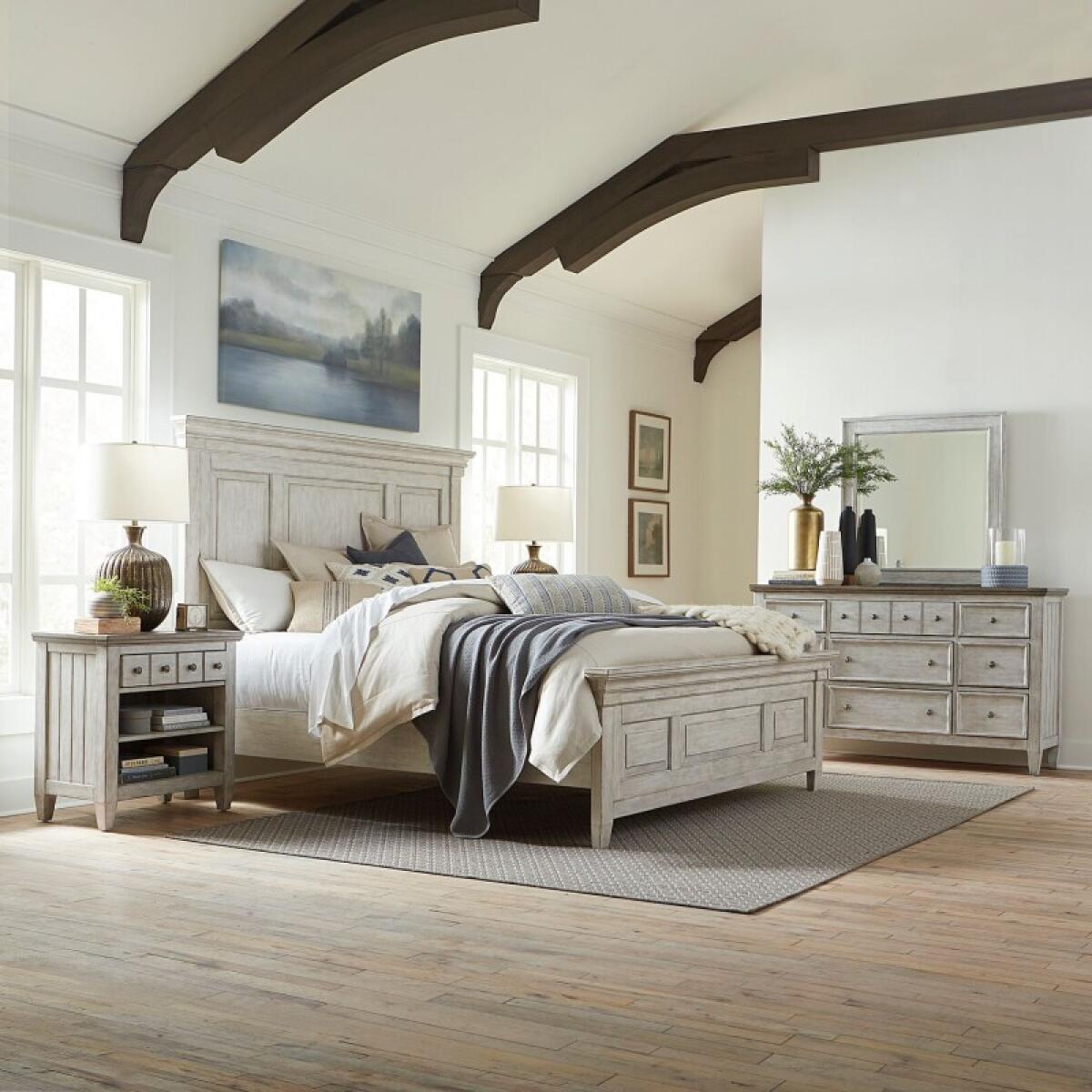 Heartland Queen Panel Bed, Dresser & Mirror, Night Stand Bedroom Sets Antique White w/ Tobacco Tops 2 Heartland Queen Panel Bed, Dresser & Mirror, Night Stand Bedroom Sets Antique White w/ Tobacco Tops 2