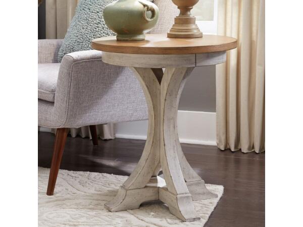 Farmhouse Reimagined Round Chair Side Table Chairside Tables Antique White w/ Chestnut Tops