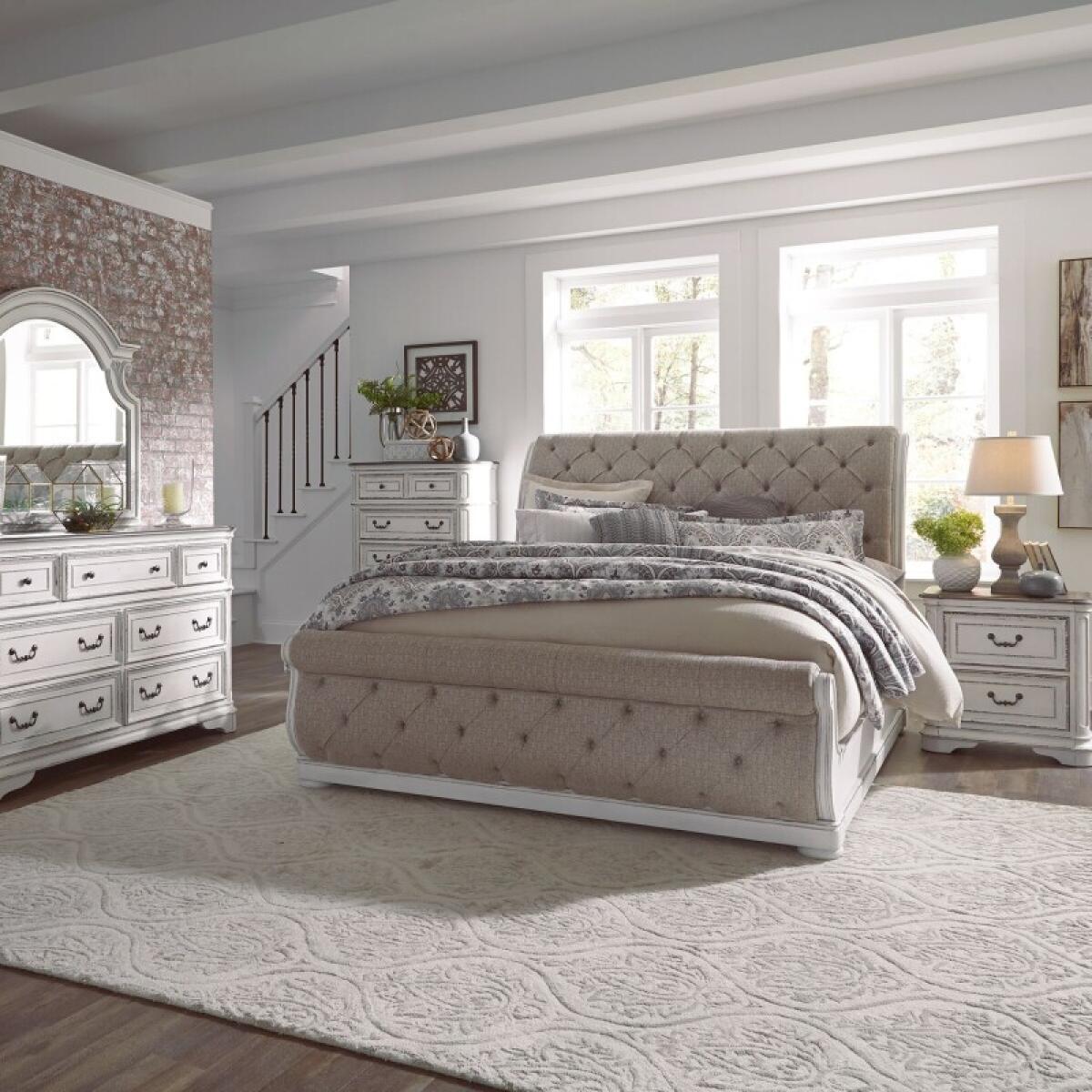 Magnolia Manor Queen Uph Sleigh Bed, Dresser & Mirror, Chest, Night Stand Bedroom Sets Antique White & Weathered Bark 2 Magnolia Manor Queen Uph Sleigh Bed, Dresser & Mirror, Chest, Night Stand Bedroom Sets Antique White & Weathered Bark 2