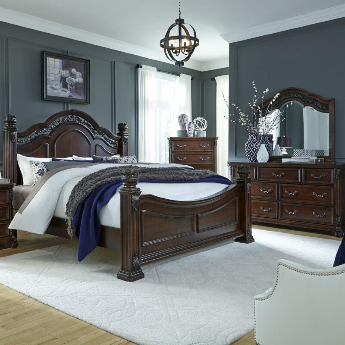 83f81378c2c3360b28923a74e09d4483 Messina Estates Queen Poster Bed, Dresser & Mirror, Chest - Image 1
