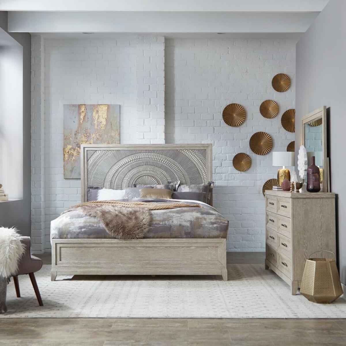 85f43ffd46b17def4f739554428f08ce King Panel Bed, Dresser & Mirror - Image 1