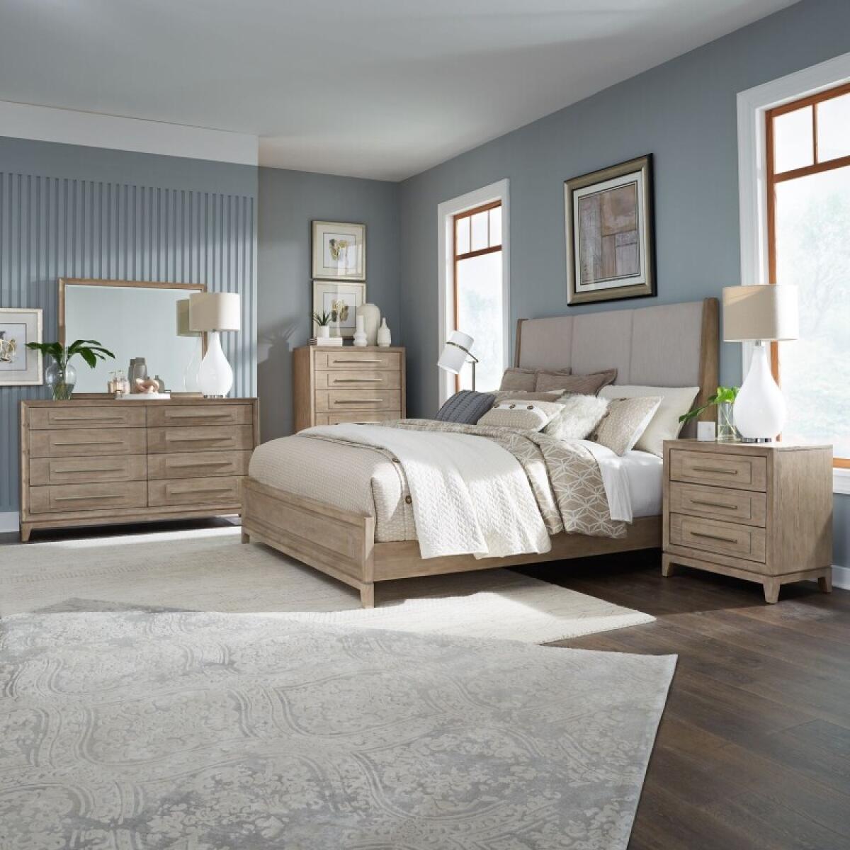 85f691509b28e37b619b034f48baffb5 Brentwood Queen Uph Bed, Dresser & Mirror, Chest, Night Stand - Image 1
