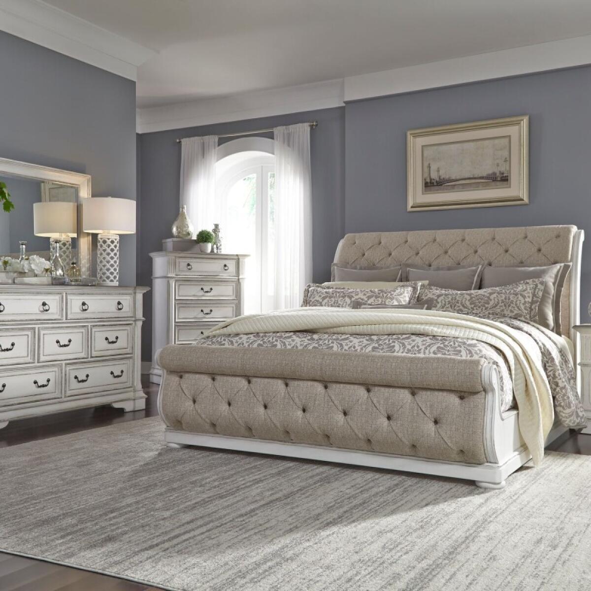 Abbey Park Queen Uph Sleigh Bed, Dresser & Mirror, Chest Bedroom Sets Antique White & Weathered Brown 2 Abbey Park Queen Uph Sleigh Bed, Dresser & Mirror, Chest Bedroom Sets Antique White & Weathered Brown 2