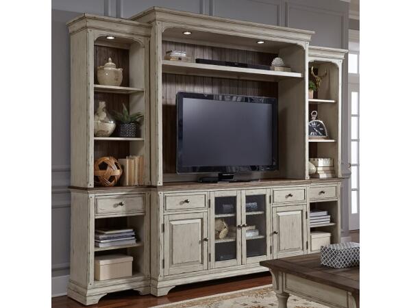 Morgan Creek Entertainment Center with Piers Entertainment Stands Antique White w/ Wirebrushed Tobacco Accents