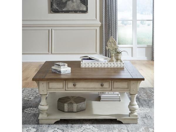 Morgan Creek Drawer Square Cocktail Table Cocktail & Coffee Tables Antique White w/ Wirebrushed Tobacco Accents