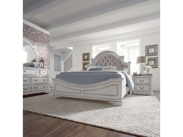 Magnolia Manor Queen Uph Bed, Dresser & Mirror, Night Stand Bedroom Sets Antique White & Weathered Bark