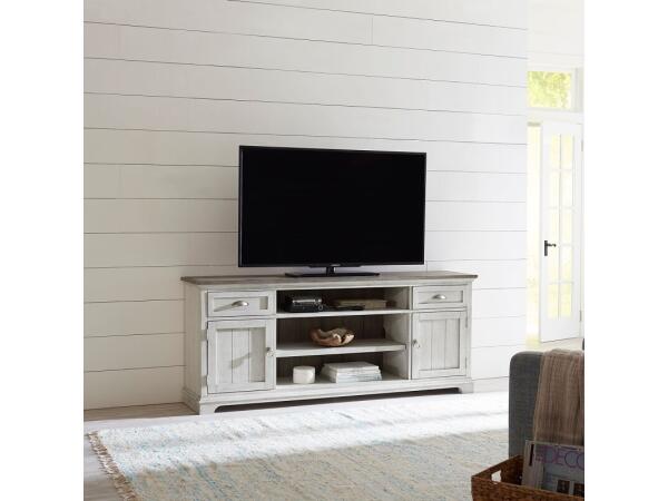 Ocean Isle 72 Inch Entertainment TV Stand Entertainment Stands Antique White w/ Weathered Pine