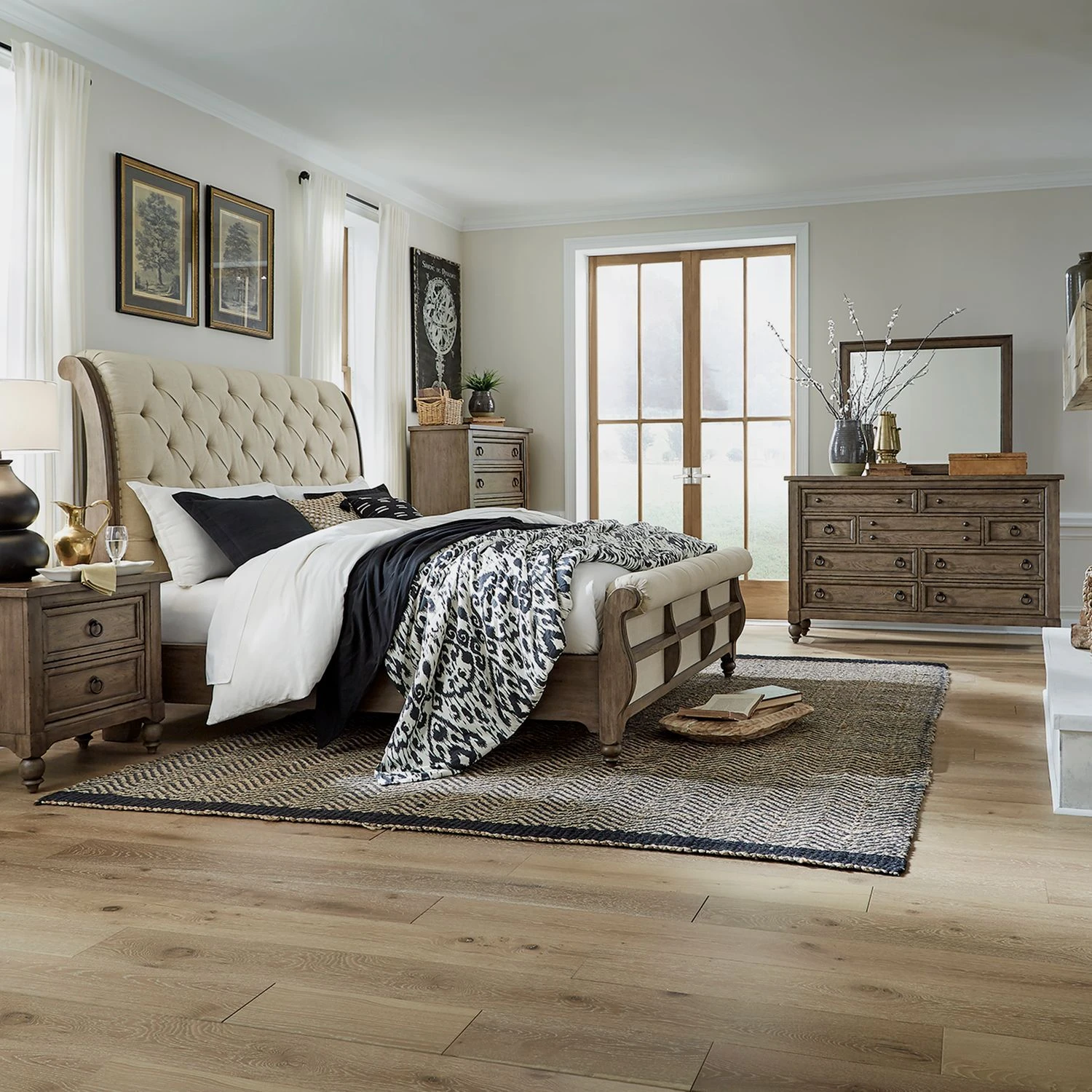 9de9a47feb97dc0a03dd2f88f8a2e308 Americana Farmhouse King California Sleigh Bed, Dresser & Mirror, Chest, Night Stand - Image 1