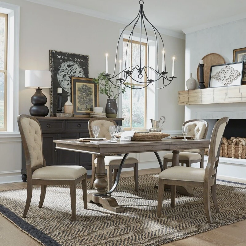 9fc87a67ab43f4f3169f89fef6d3e6cd Americana Farmhouse Optional 5 Piece Trestle Table Set - Image 1